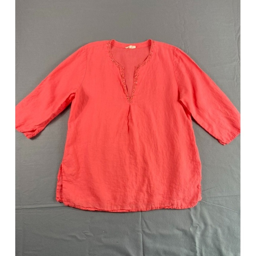 Eileen Fisher 100% Irish Linen Blouse Top Sz L Coral Pink 3/4 Sleeve Sequins